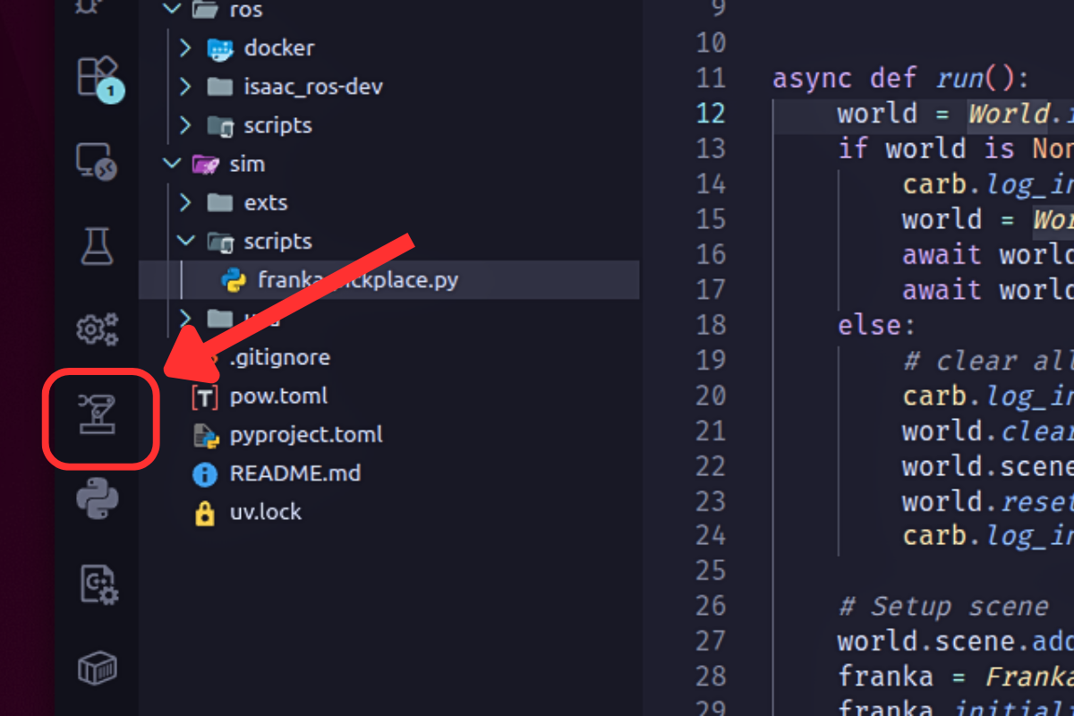 Isaac Sim VS Code Edition menu in VS Code Tab